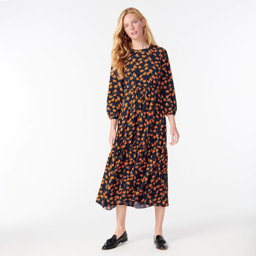 J Crew long sleeve Flowy tiered midi dress in poppy fields